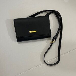 IMAN Black Crossbody Shoulder Purse Wallet Gold Hardware New